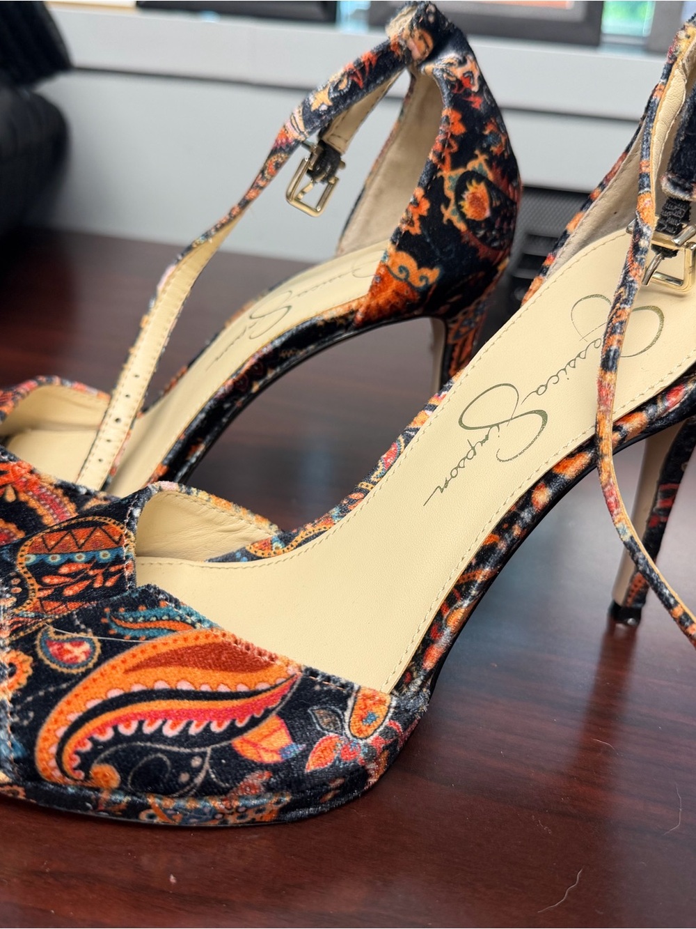Jessica Simpson Paisley Velvet Ankle-Strap Heels in Orange and Black